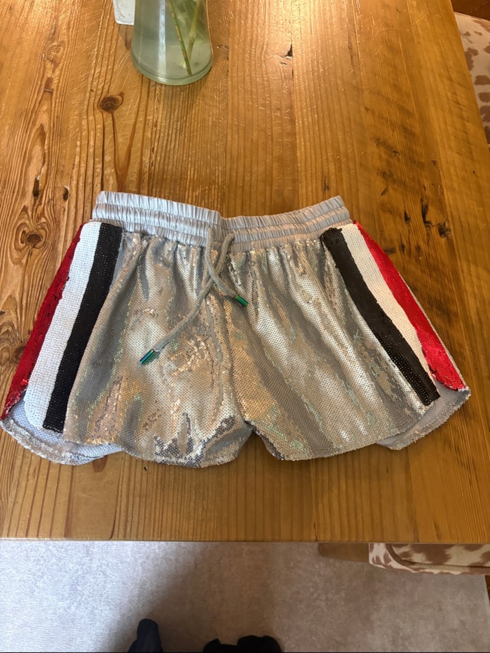 QUEEN OF SPARKLES Silver Sequin Shorts with Red, Black & White Stripes